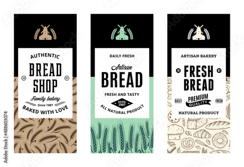 Bread labels in modern style. Bread logo and packaging design templates for baked goods, bakery branding and identity. Vector bakery illustrations and patterns
