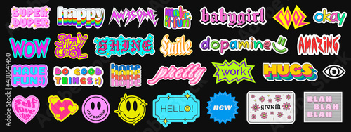 Set of Cool Trendy Stickers with Phrases. Cute Patches Collection Vector Design.