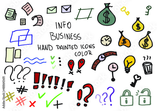 Info business hand painted doodles, icons. Watch, light bulb, clock, ask, lock, paper, lines. Color. 