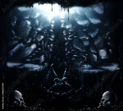 Pixel artwork illustration of 16 bit underworld hell abyss with demon and frozen rocks on dark background.