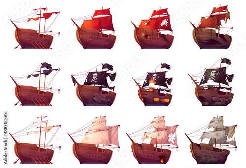 Pirate ship and galleon before and after sea battle. Fight of sailboats with cannon fire. Vector cartoon set of wooden ships with folded sails, with black flag and broken after wreck or attack