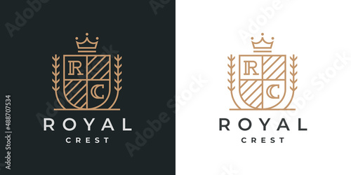 Elegant royal crest heraldry logo. Vintage heraldic business monogram emblem line icon. Coat of arms royalty crown shield symbol. Vector illustration.