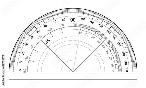 Protractor isolated on white background. Vector template of an instrument for measuring the magnitude of angles. Degree measuring scale.