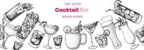 Alcoholic cocktails hand drawn vector illustration. Cocktails set. Bar menu design elements. Hand drawn sketch collection.