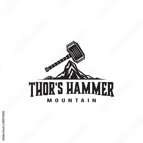 Thor's hammer illustration design logo on top of the mountain, thunder god template, symbol