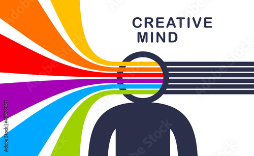 Creative mind brain vector concept in flat trendy design style, colorful rainbow stripes goes out of man head symbolizes creative ideas and thinking, artist designer or writer author.