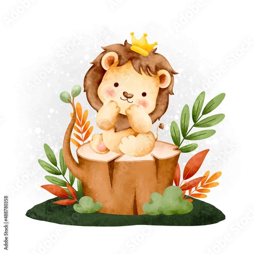 Watercolor animal cute safari lion sitting on a log 
