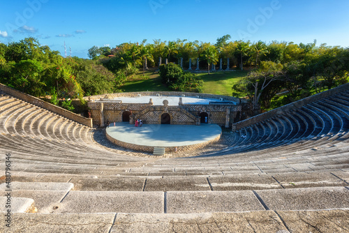Scenic view of Altos de Chavon amphitheater, a tourist attraction, re-creation of a Mediterranean style village in La Romana near the Chavon river, Dominican Republic, Carribean travel