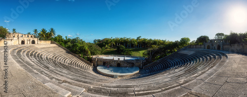 Scenic view of Altos de Chavon amphitheater, a tourist attraction, re-creation of a Mediterranean style village in La Romana near the Chavon river, Dominican Republic, Carribean travel