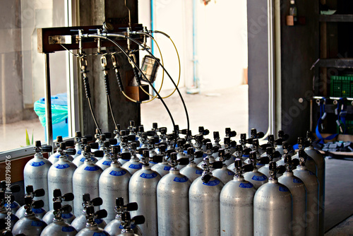 Dive shop in Maafishi, Maldives. Diving equipment in the dive center, Maldives