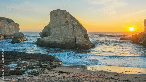 Sunset at Shark Fin Bay, beautiful beach landscape on the coast of the California Highway, ocean, rocks, aerial view.