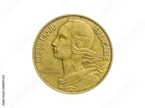 France twenty centimes coin on white isolated background