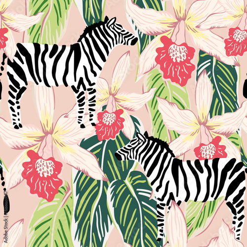 Zebra, orchid flowers, green palm leaves, beige background. Vector floral seamless pattern. Tropical illustration. Exotic plants, animals. Summer beach design. Paradise nature