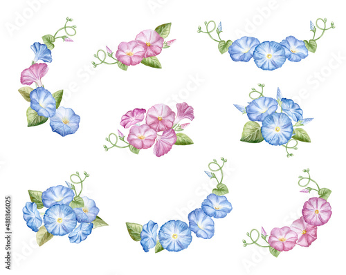 Set of floral frames of blue pink ipomoea morning glory elements. Pink and blue flowers. Bouquet. Watercolor Illustration