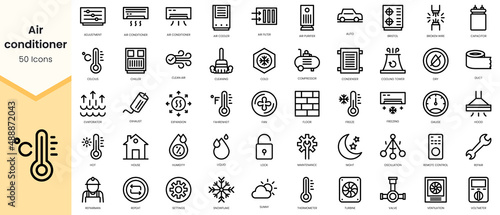 Simple Outline Set of air conditioner icons. Linear style icons pack. Vector illustration