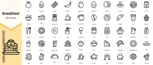 Simple Outline Set of breakfast icons. Linear style icons pack. Vector illustration
