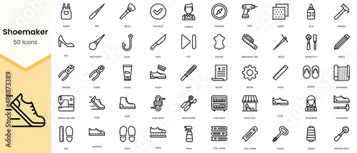 Simple Outline Set of shoemaker icons. Linear style icons pack. Vector illustration