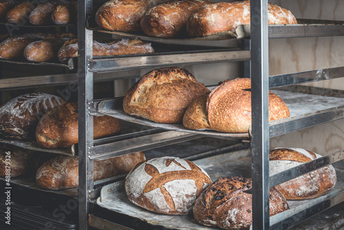 Freshly baked sourdough bread on a shelf