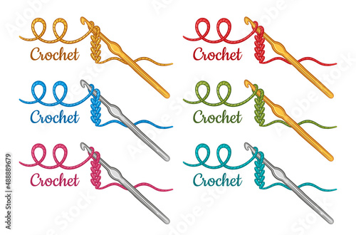 Crochet knitting handmade, crocheting hook with cotton thread icon set. Hand knit instrument, needlework pattern for make textile knitwear. Creative workshop, craft hobby. Wool yarn skein sign. Vector