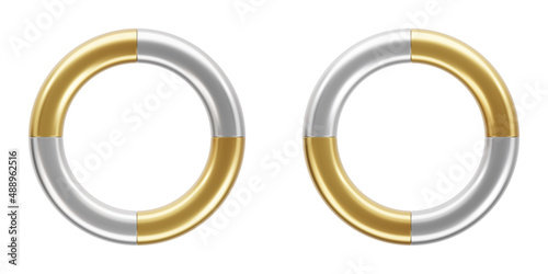 Combination of gold and silver ring. Realistic metal objects over true white background. Trendy 3d illustration.
