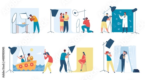 Photographer taking photos of model, family and kids photoshoot. Professional photographers in photo studio with lighting equipment vector set. Illustration of professional photographer with camera