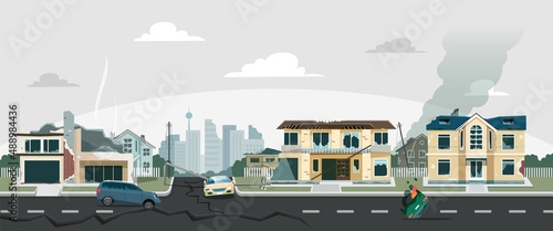 Ruined city after earthquake or war, abandoned and destroyed buildings. Town ruins with collapsed houses and burned cars vector illustration. Building abandoned, ruin town after earthquake