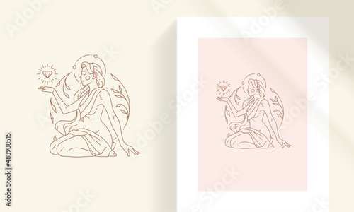 Beautiful bohemian female with floral decor and gemstone line art style vector illustration