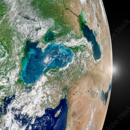 Turkey country on Earth photo from space, Black Sea, Mediterrenian Sea, Caspian Sea, Turkey country between Europe and Asia, Middle East, Syria, Cyprus, Iraq. Elements of this image furnished by NASA