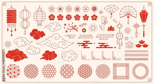 Traditional chinese new year elements, asian oriental ornaments. Japanese festive decorations, clouds, flowers and patterns vector set. Illustration of traditional chinese lunar symbol and elements