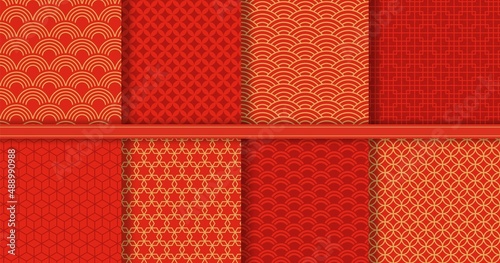 Traditional chinese seamless pattern, golden asian background. Red and gold japanese wave ornaments, abstract decorative texture vector set. Illustration of pattern chinese seamless