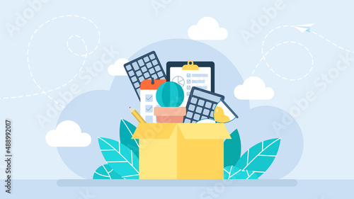 Firing from a job. A cardboard box full of office stuff. Job cuts. Hiring and recruiting. Dismissal employee. Unemployment and Jobless concept. Flat style design. Business illustration.