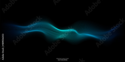 Vector wave light line wavy flowing blue green color isolated on black background for concept of AI technology, digital, communication, science, music