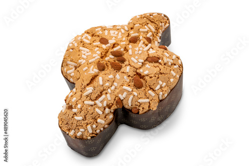 Colomba Pasquale, typical italian easter cake with sugar glaze and with almonds. Easter Dove in english. Isolated on white background. Clipping path