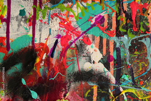 Splatters and drips cover the canvas in this graffiti style abstract painting for backgrounds.