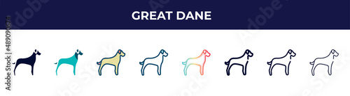 great dane icon in 8 styles. line, filled, glyph, thin outline, colorful, stroke and gradient styles, great dane vector sign. symbol, logo illustration. different style icons set.