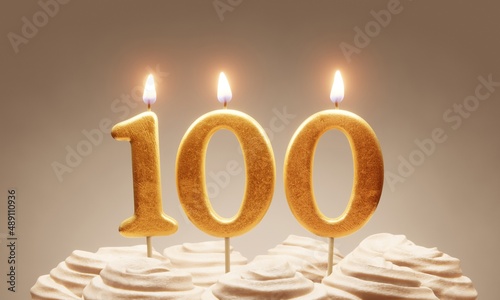 100th birthday or anniversary celebration. Lit golden number candles on cake with icing in neutral tones. 3D rendering