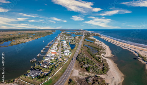 Aerial view of coastal paradise summer heaven near St Augustine Florida luxury vacation homes with long decks