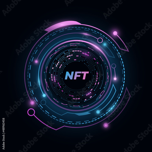 NFT nonfungible tokens background. Blue and purple HUD elements with glowing computer circuit board. Futuristic digital concept. Abstract technology design