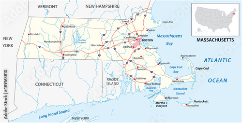road map of the US American State of Massachusetts
