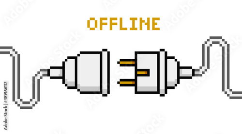 Pixel Art Electric Plug and Outlet Socket unplugged. Vector electric socket unplug or 404 error concept, lost connection, page not found. Pixel graphics design on white background