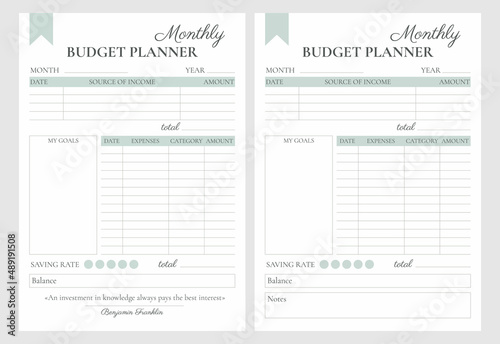 Financial planner page vector templates. Budget for the month. Minimalistic strict design with a quote or notes