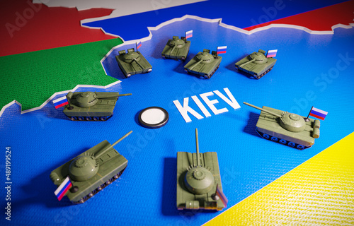 War in Ukraine with Russia - concept of a 3d map with tanks surround Kiev - 3D render