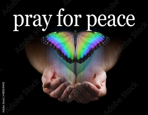 Pray for Peace Butterfly Release Concept - male cupped hands emerging from black background with a beautiful multicoloured butterfly rising up and the words pray for peace above 
