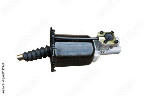 Brake master cylinder, pneumatic hydraulic booster car brake, truck brake system detail isolated on white background.