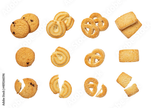 Set of danish butter cookies isolated on a white background. Whole and broken pretzel, round and rectangular shortbread biscuits with sugar cutout. Baked pastry, sweet food concepts.