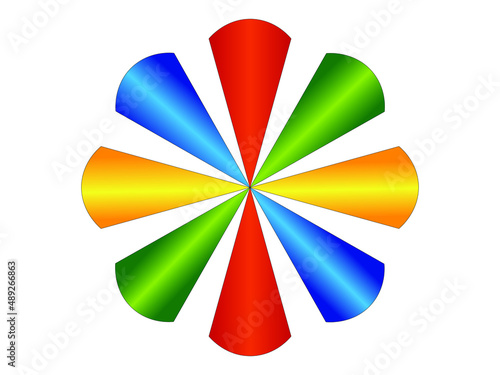 Grafika wektorowa przedstawiająca różnokolorowy, ośmioramienny wiatrak.