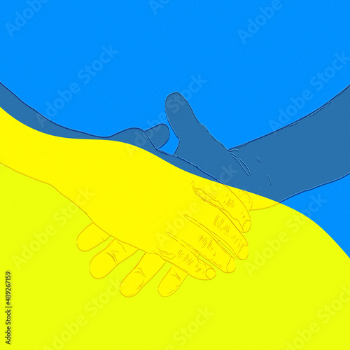 Ilustracja dwie splecione dłonie na żółto niebieskim tle