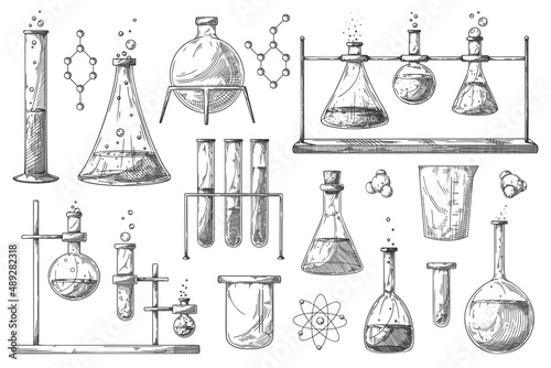 Set of different pharmaceutical flasks, beakers and test tubes. A sketch of chemical laboratory objects.