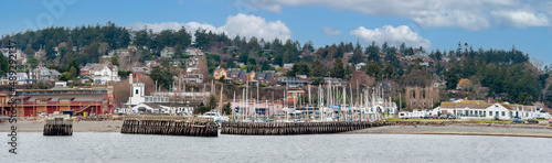 Port Townsend, Washington Waterfront Skyline. Panoramic view of the historic waterfront and downtown area of this port city. Noted for its Victorian houses and significant historical buildings.