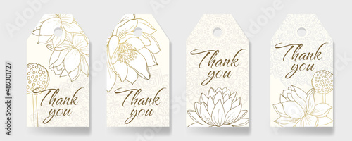 Background templates with lotus flowers and curly mandalas for thank you tags, wedding tags, birthday tags, labels, printable.